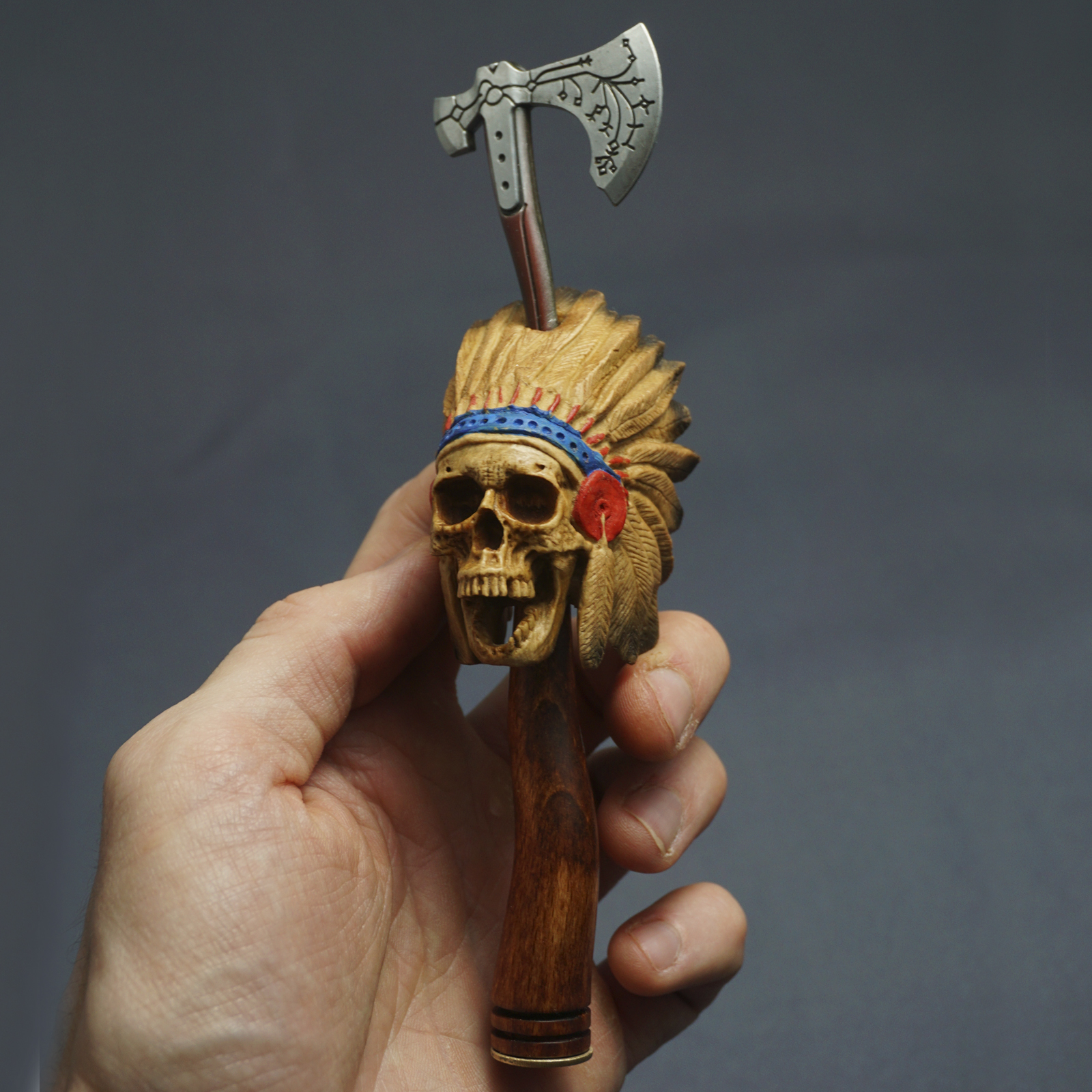 Skull of an Indian chief. Pipe Tamper