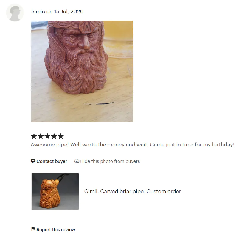 Feedback. Custom order smoking pipe